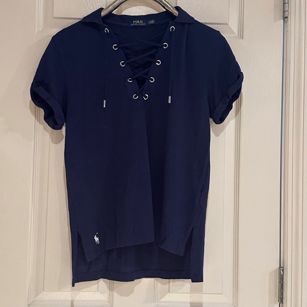Polo Ralph Lauren Navy Blue Lace Up Grommet Pique Polo Shirt Women S Small
